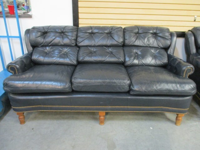 Leathercraft Tufted Back Navy Blue Leather Rolled Arm Sofa with Nail Heads (1 of 5)
