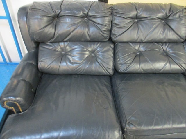 Leathercraft Tufted Back Navy Blue Leather Rolled Arm Sofa with Nail Heads - 2