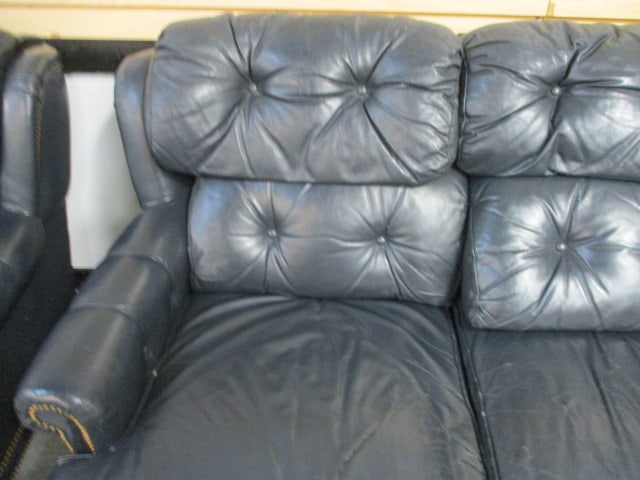 Leathercraft Tufted Back Navy Blue Leather Rolled Arm Sofa with Nail Heads - 2