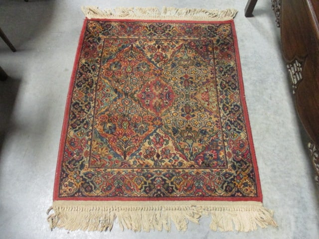 Karastan Panel Kirman Multicolor Wool Accent Rug: 34" x 40", Style No. 717, fringe binding loose on one corner and needs cleaning, Local Pickup Only