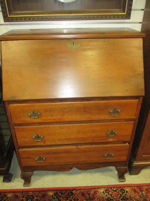 Vintage Slant Front Secretary: 31 1/4" x 16 1/4" x 41 1/2", Three dovetail drawers with swan neck bail handles, some scratches and stains, Local Pickup Only