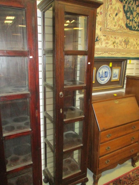 Vintage Arts & Craft Style Bookcase Display Cabinet: 17" x 15 1/4" x 79 1/4", door has lock but no key, four fixed shelves, brass ring pull, some scratches and scuffs, glass panel sides and door, Local Pickup Only