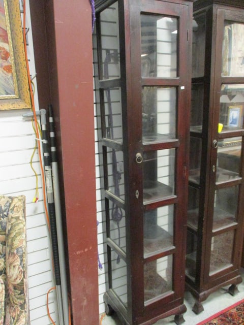 Vintage Arts & Craft Style Bookcase Display Cabinet: 17" x 15 1/4" x 79 1/4", door has lock but no key, four fixed shelves, brass ring pull, some scratches and scuffs, glass panel sides and door, Local Pickup Only