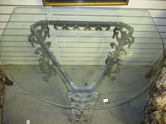 Glass Top Patina Finish Cast Metal Demi Lune Table - 2