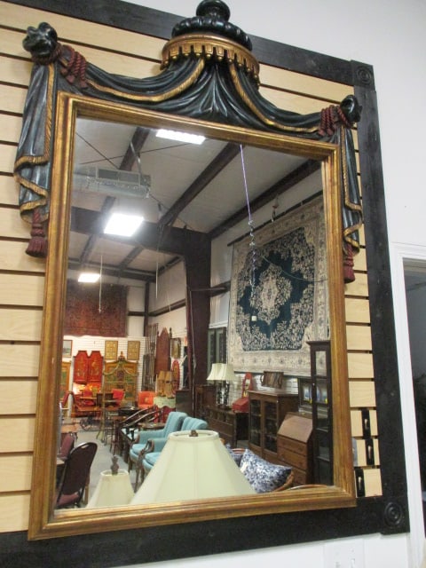 Vintage Italian Chelini Giovannini Neoclassical/Empire Revival Carved and Painted Wall Mirror with: Draped Swag, Tassel and Gilt Decorations. Made in Italy No.1000, measures approx. 36" x 55", Local Pickup Only