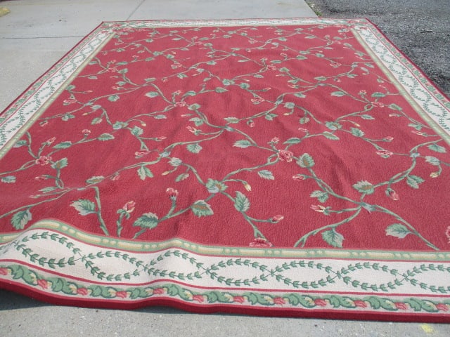 Lacey-Champion Carpets Hand Tufted Needlepoint Style 100% Wool Room Size Carpet/Rug: Rose/Ivory Color with Rose Floral Design #14313, Finished Bound Size 13'-3" x 16'-5", Made in Fairmont, Georgia. Has one loop pile pull, Local Pickup Only