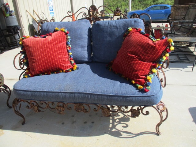 Ornate Wrought Iron Mediterranean Tuscan Style Settee with Upholstered Seat/Back Cushions - 2