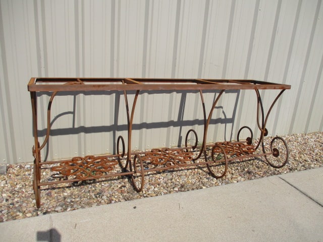 Rusted Patina Scrollwork Wrought Iron Console Table Base with Rose Medallion Accents: 87" x 30" x 32 1/2", Heavy!! Local Pickup Only