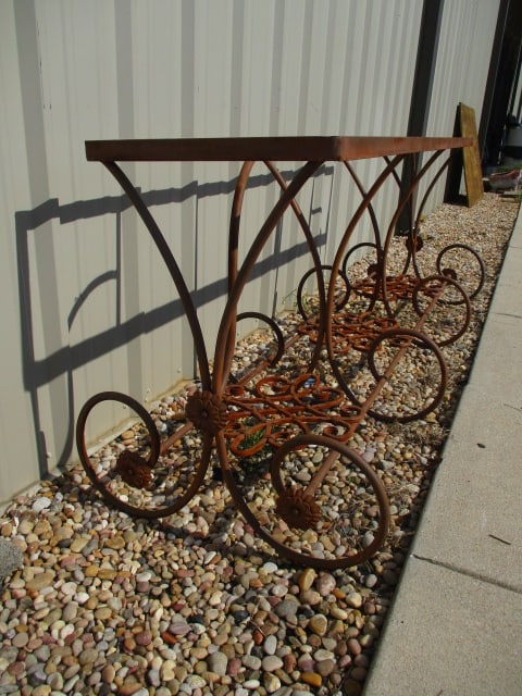 Rusted Patina Scrollwork Wrought Iron Console Table Base with Rose Medallion Accents - 2