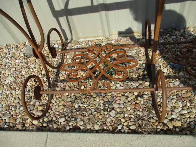 Rusted Patina Scrollwork Wrought Iron Console Table Base with Rose Medallion Accents - 3