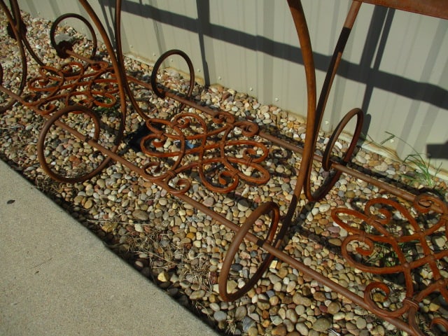 Rusted Patina Scrollwork Wrought Iron Console Table Base with Rose Medallion Accents - 4