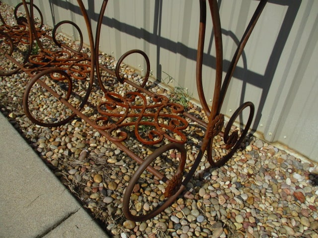 Rusted Patina Scrollwork Wrought Iron Console Table Base with Rose Medallion Accents - 5