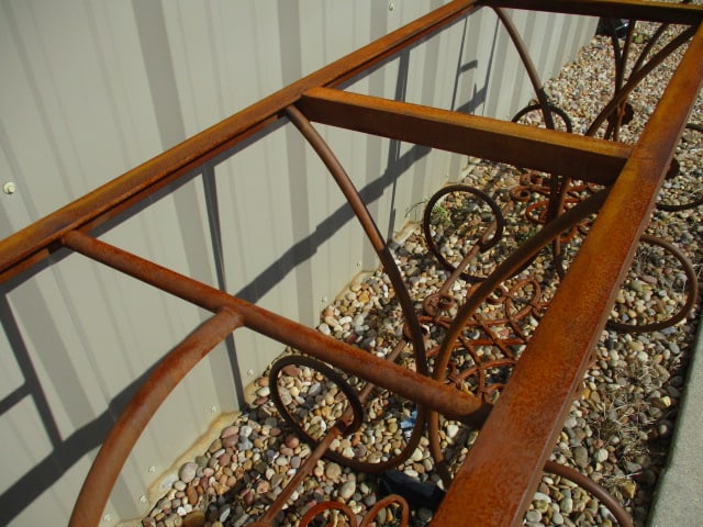 Rusted Patina Scrollwork Wrought Iron Console Table Base with Rose Medallion Accents - 7