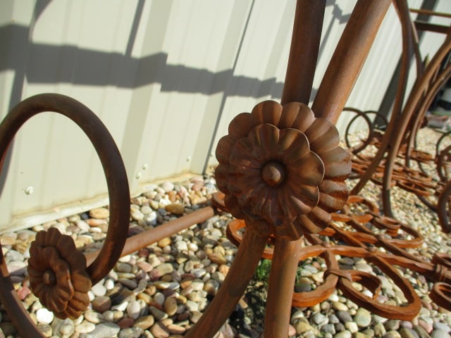 Rusted Patina Scrollwork Wrought Iron Console Table Base with Rose Medallion Accents - 9