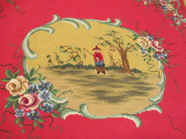 Fisherman with Floral Ribbon Border Needlepoint Table Covering/Wall Hanging - 2