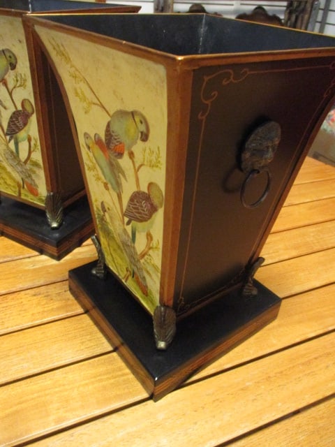 Pair of Painted Black Metal Planters with Tropical Bird Design Panel and Lion Head Ring Handles - 2