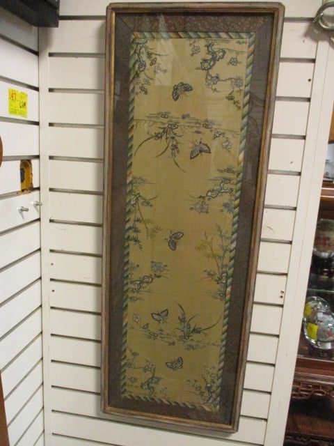 Framed Vintage Embroidered Asian Silk Panel/Table Runner: 14 1/4" x 38 1/2", Local Pickup Suggested