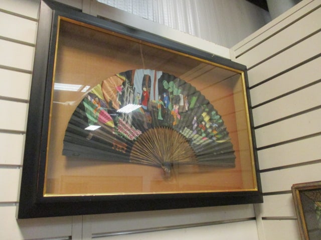 Signed Handpainted Chinoiserie Hand Fan in Shadow Box Frame: 27 3/4" x 19 1/2" x 3", Per consigner's Decorator professionally framed in Atlanta, Ga., Local Pickup Suggested