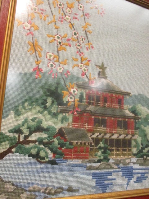 Framed Chinoiserie Needlepoint of Asian Temple Scene with Cherry Blossoms - 2
