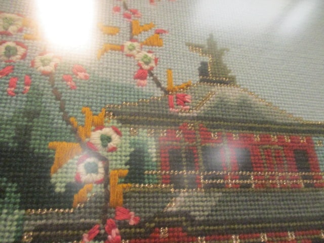 Framed Chinoiserie Needlepoint of Asian Temple Scene with Cherry Blossoms - 4
