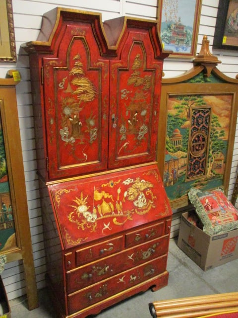 Trouvailles Inc. Rarities Reproductions 2 Piece Chinoiseries Red Lacquer Secretary Bureau Cabinet: Handpainted Gilt Asian Figural Landscape Decorated Slant Front Writing Desk with Pagoda Style Cresting. Upper section has two locking doors with letter organizers and drawers, Locking slanted front