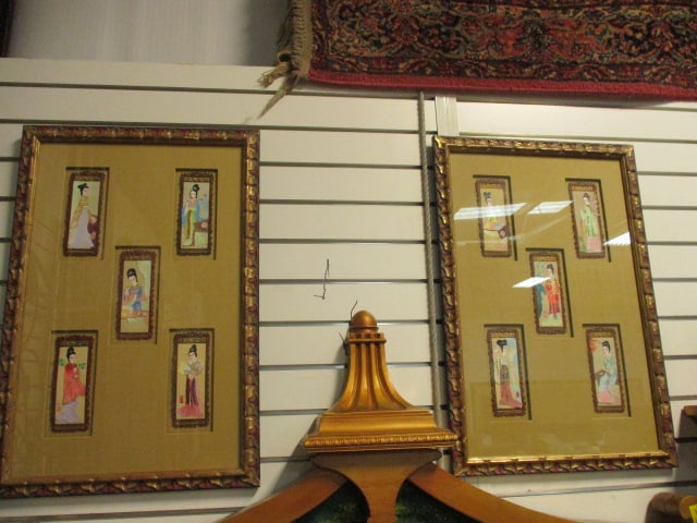 Set of Framed Chinese Jianzhi Style Cut Paper Geisha Figural Artworks: Each Frame Has Five Signed Individually Mounted Geisha on Linen Textured Backing, 16 3/4" x 25"