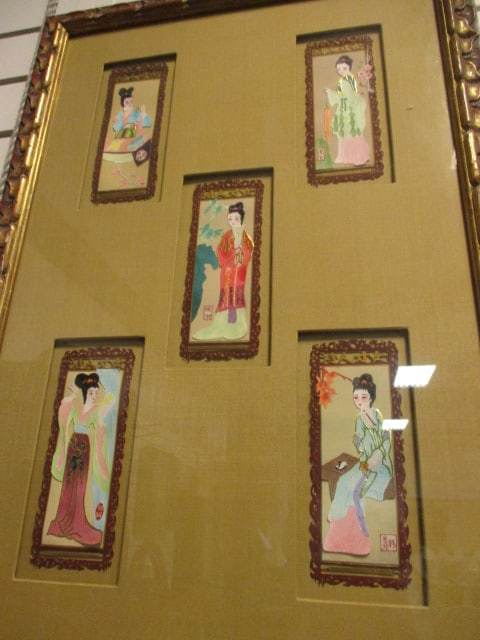 Set of Framed Chinese Jianzhi Style Cut Paper Geisha Figural Artworks - 9