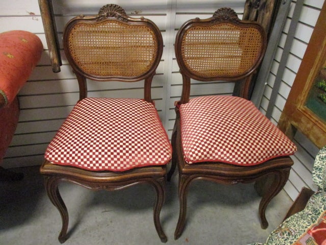 Pair of French Provincial Style Cane Back/Seat Side Chairs with Carved Shell Crest: 17 3/4"w, Cabriole legs with serpentine front, removable seat cushions, Local Pickup Only