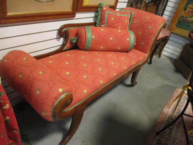 Regency Revival Upholstered Fainting Couch/Chaise with Scrolled Arms and Accent Pillows: 63" long, includes square accent pillow and bolster pillow(one end tassel is pinned on-needs reattaching), missing one brass foot cap, Local Pickup Only