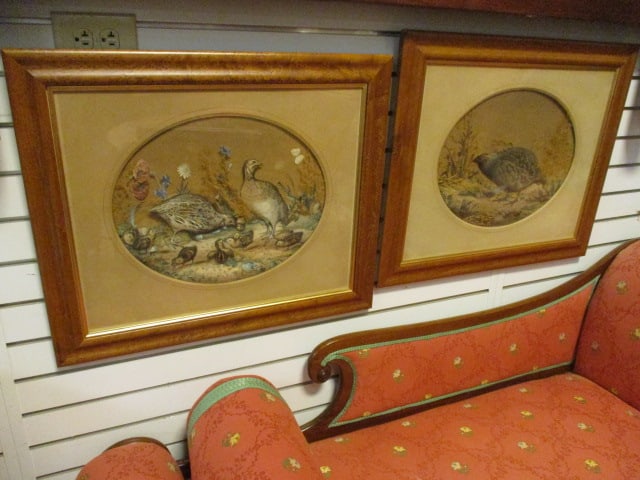 Set of Framed Quail Dimensional Cut Lithographs with Applied Natural Botanical Elements: Framed and matted 25 3/4" x 21 3/4", Professionally framed by Fred Reed Custom Framing and Restoration in Atlanta, Ga. Local Pickup Suggested