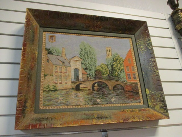 Jacquard Woven Tapestry Depicting Beguinage in Bruges, Belgium Canel Bridge: Framed 25" x 21" x 3"