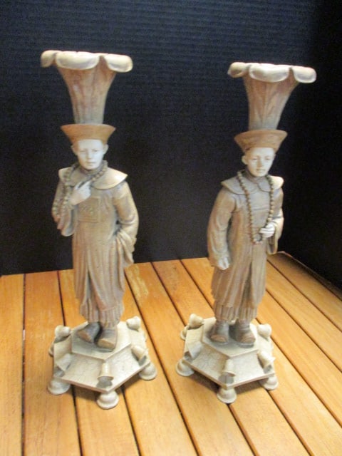 Pair of Chinese Figural Sculpted Candle Holders: 15"h, one has been repaired