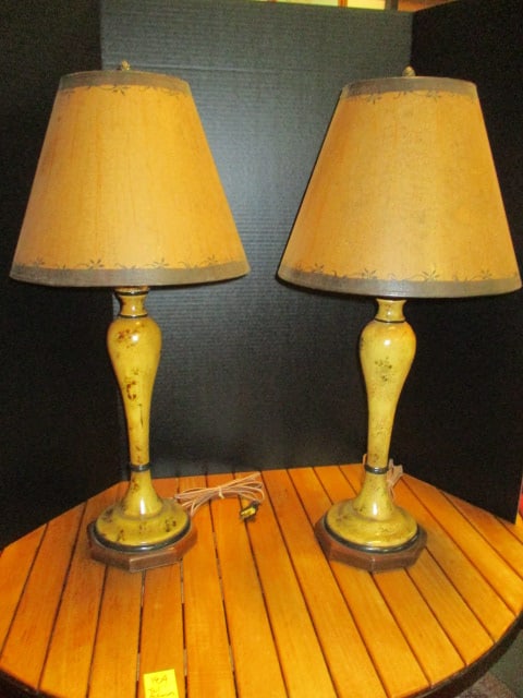 Pair of Burlwood Look Turned Table Lamps with Handpainted Paper Shades and Acorn Finials: 30"h, Local Pickup Only