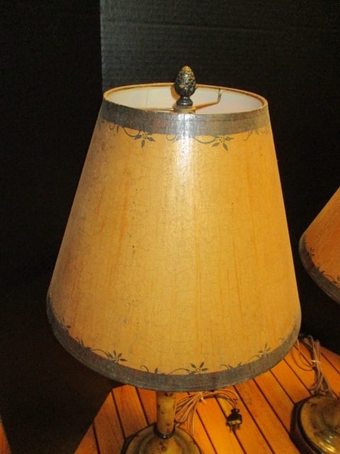 Pair of Burlwood Look Turned Table Lamps with Handpainted Paper Shades and Acorn Finials - 2