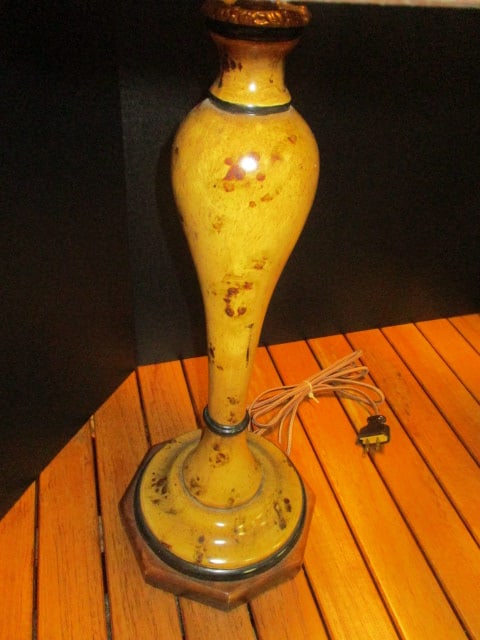 Pair of Burlwood Look Turned Table Lamps with Handpainted Paper Shades and Acorn Finials - 3