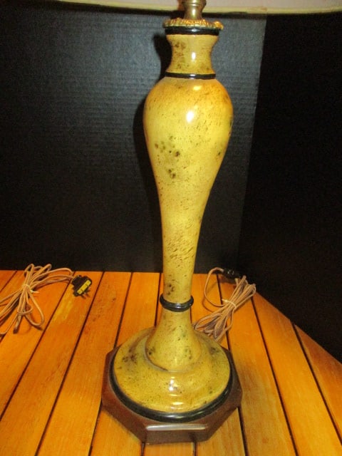 Pair of Burlwood Look Turned Table Lamps with Handpainted Paper Shades and Acorn Finials - 5