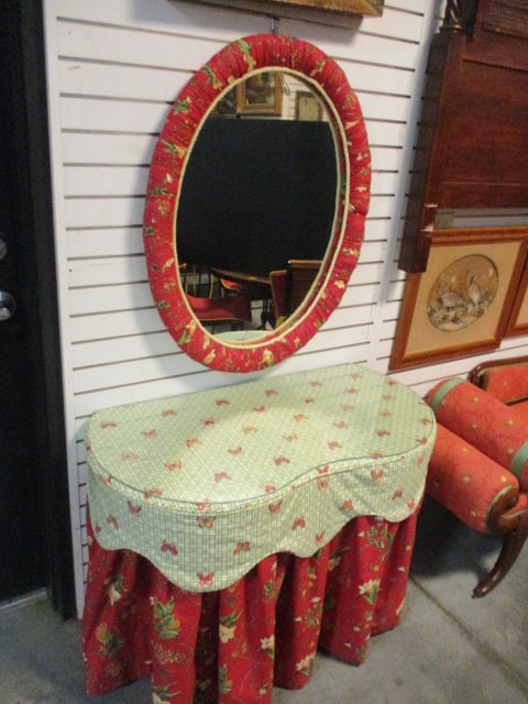 Custom Tailored Kidney Vanity/Dressing Table and Oval Wall Mirror: Kidney Cover-Up Table 44" x 22" x 31", Table has glass top protector, Mirror 29" x 37", Local Pickup Only