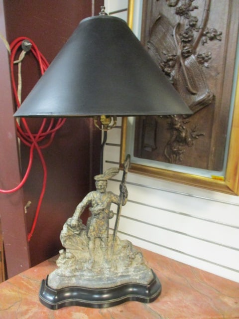 Vintage Cast Iron Tribal Style Male Figural Doorstop on Shaped Black Base Table Lamp: 33"h, Heavy! Local Pickup Only