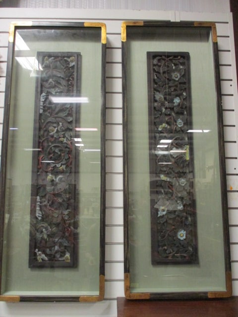 Soicher-Marin Fine Art Asian Carved Polychrome Painted Wood Architectural Panels in Shadow Box Fr...: Temple Style Chinese Carved Wood Architectural Panels Intricately Decorated with Floral Foliate Scrollwork. Both Mounted in Shadow Box Frames with Gilt Accents. Labels on Back Read Soicher-Marin Fine