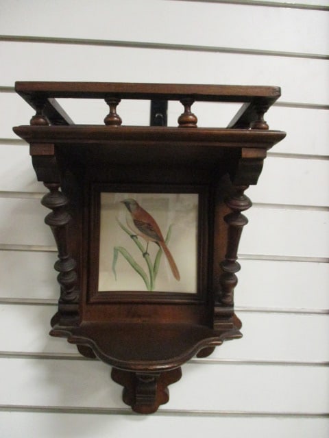 Antique Edwardian Wall Shefl with 1903 F.O. Morris Bird Chromolithograph: 10 1/2" x 7' x 16", 1903 Chromo Morris in pencil on back