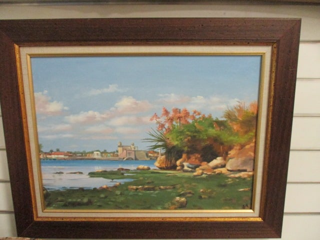 Original Signed Vibrant Scenic Harbor and Shoreline Landscape Canvas Painting: Framed 23 1/4" x 18 1/4, initialed "AM" in lower right corner, Local Pickup Suggested
