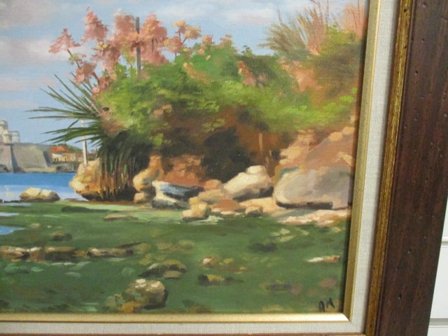 Original Signed Vibrant Scenic Harbor and Shoreline Landscape Canvas Painting - 2