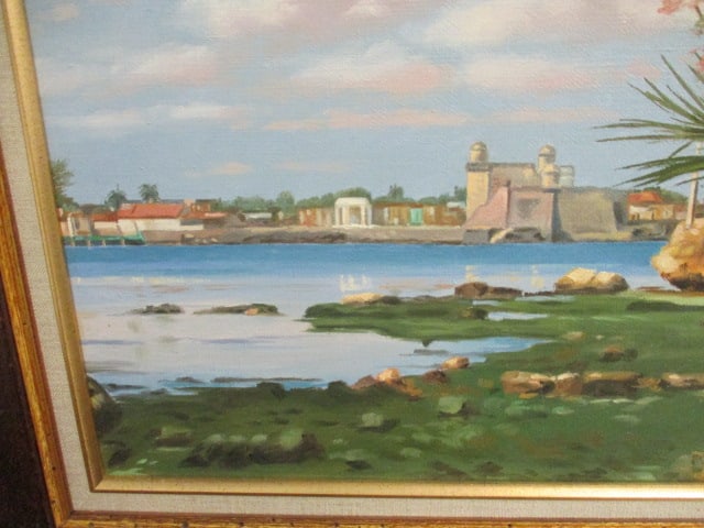 Original Signed Vibrant Scenic Harbor and Shoreline Landscape Canvas Painting - 3