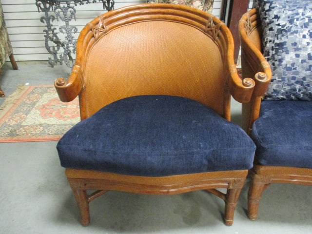 Four British Colonial Style Rattan and Cane Barrel Back Armchairs with Removable Seat Cushions - 2