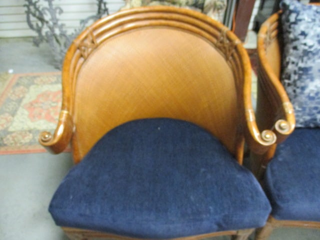 Four British Colonial Style Rattan and Cane Barrel Back Armchairs with Removable Seat Cushions - 3