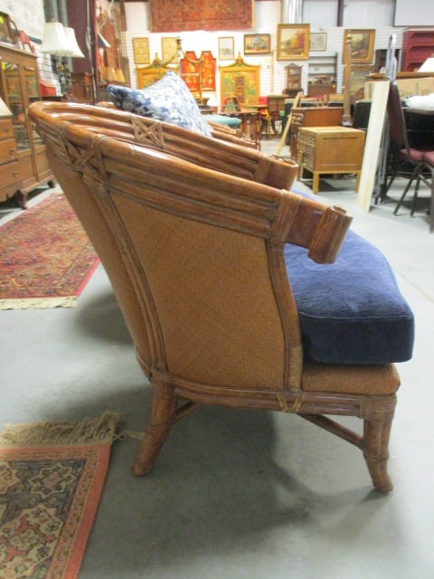 Four British Colonial Style Rattan and Cane Barrel Back Armchairs with Removable Seat Cushions - 4