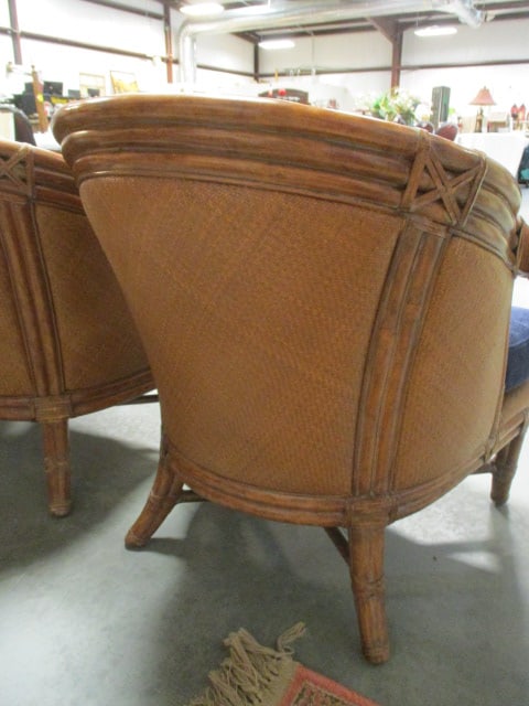 Four British Colonial Style Rattan and Cane Barrel Back Armchairs with Removable Seat Cushions - 5