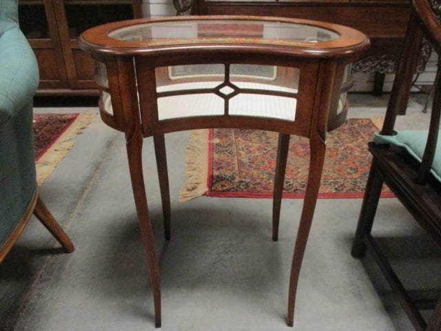 Handpainted Flower Garland Accented Kidney Shaped Glass Top Display Table: 24" x 18" x 29 1/4", hinged top with fabric covered bottom, Local Pickup Only