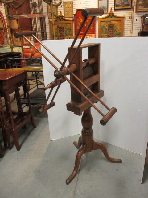Antique Primitive Wooden Skein Winder/Yarn Reel on Turned Pedestal Base: Hand crank with wooden gear box, 26 1/2"w x 18" deep x 43"h, Local Pickup Only