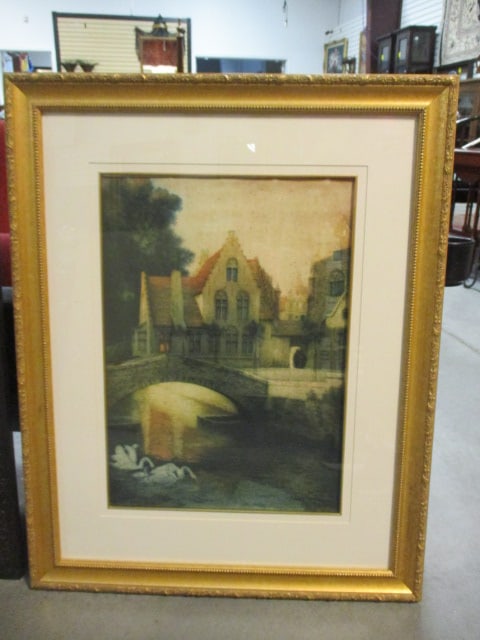Vintage Beguinage in Bruges, Belgium Canel Bridge with Swans Landscape Print: Framed and matted 26 1/4" x 33 1/4", per note on back by framer print had an inscription on back in Dutch "Gekregen tuig-legenheid van ons huwelijk op 30-9 1942 van oom Wimen tante Net." Translation